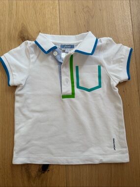 Jacadi White Polo Shirt with Blue Trim and Green Detail